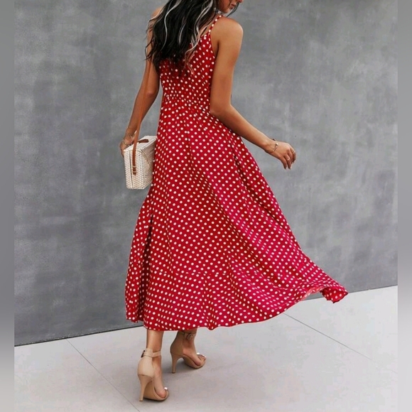 New Chic Flowy Polka Dot Button Front Cami Dress Midi Red White - Picture 4 of 8
